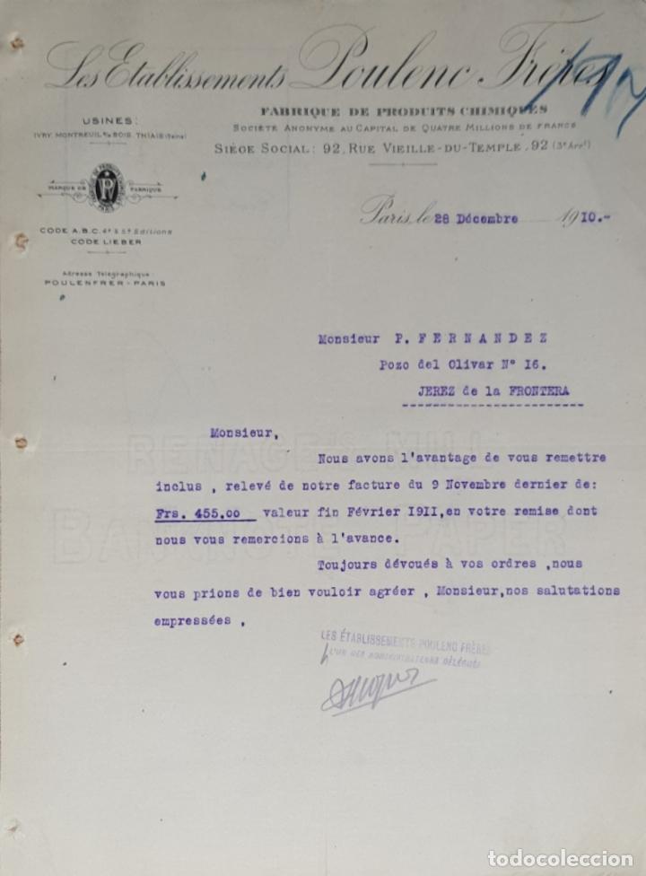 Gesch&auml;ftsbriefe: Carta comercial. Les Etablissements Poulenc Fr&eacute;res. Fabrique de produits Chimiques. Paris 1910