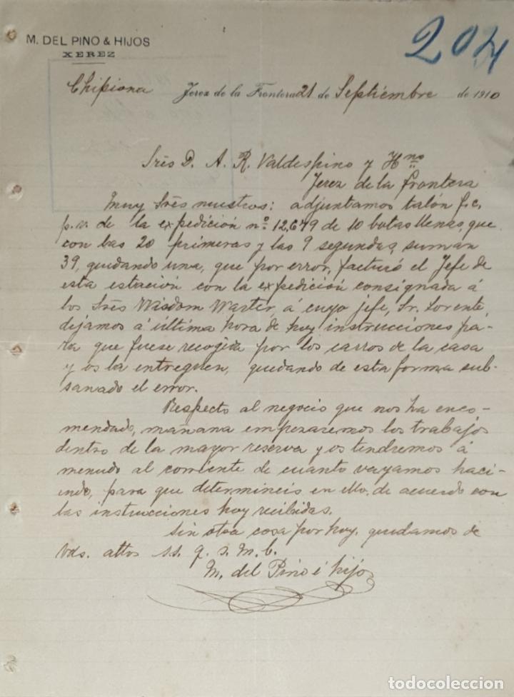 Gesch&auml;ftsbriefe: Carta comercial. M.del Pino & Hijos. Jerez de la Frontera. Espa&ntilde;a 1910