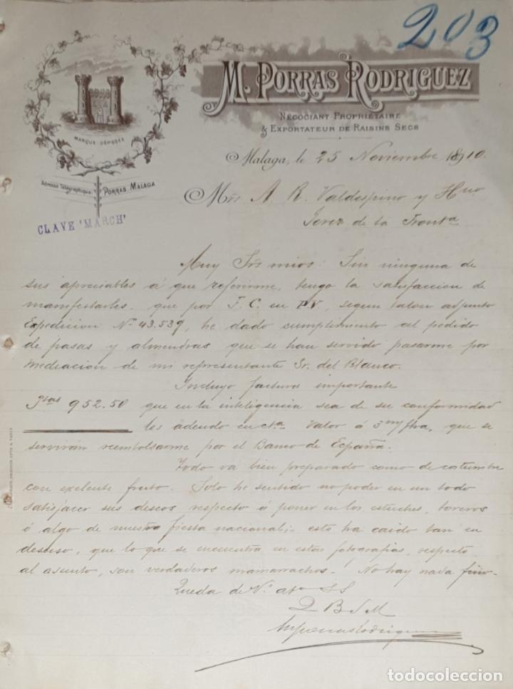 Gesch&auml;ftsbriefe: Carta comercial.M.Porras Rodriguez. Negociant Proprietaire & Exportateur de Raisins Secs.M&aacute;laga 1910