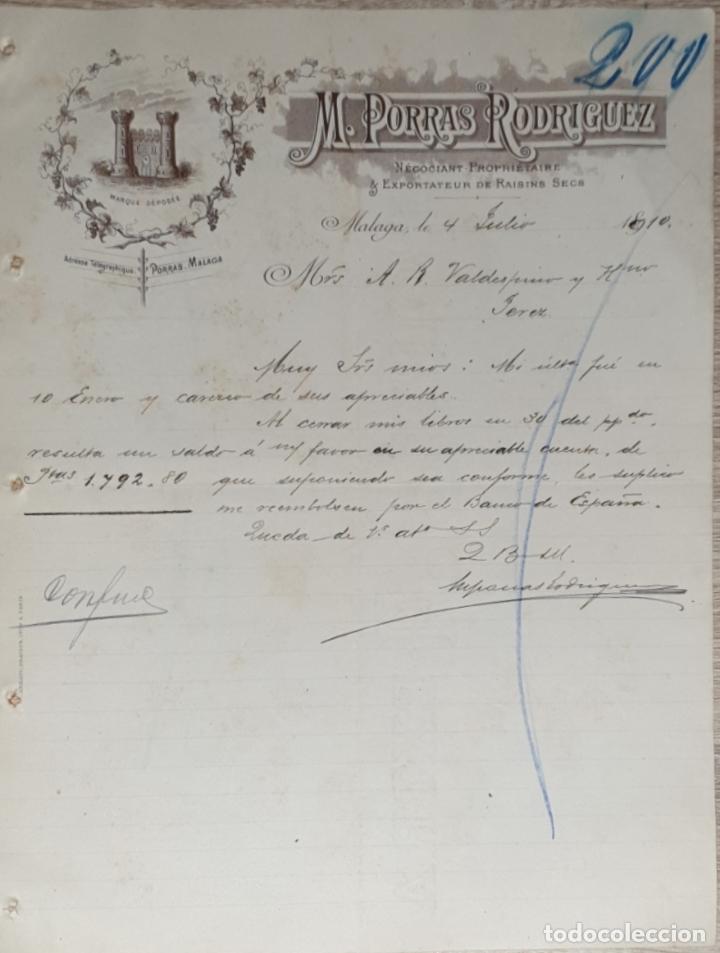 Gesch&auml;ftsbriefe: Carta comercial.M.Porras Rodriguez. Negociant Proprietaire & Exportateur de Raisins Secs.M&aacute;laga 1910