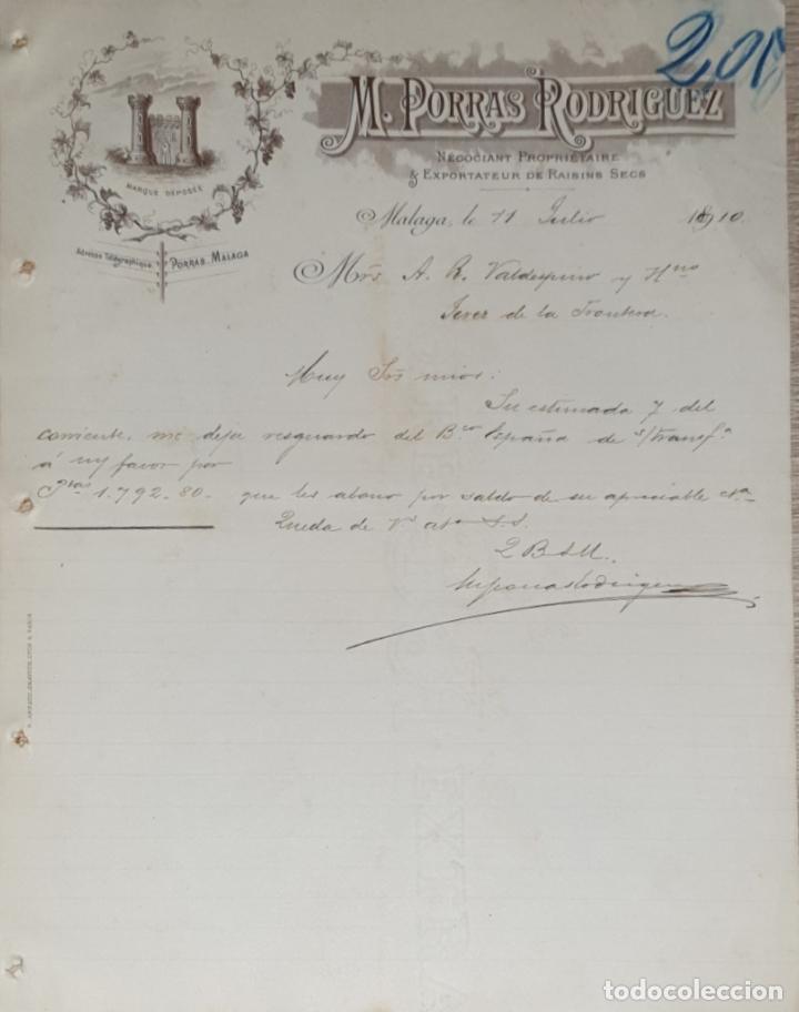 Gesch&auml;ftsbriefe: Carta comercial.M.Porras Rodriguez. Negociant Proprietaire & Exportateur de Raisins Secs.M&aacute;laga 1910