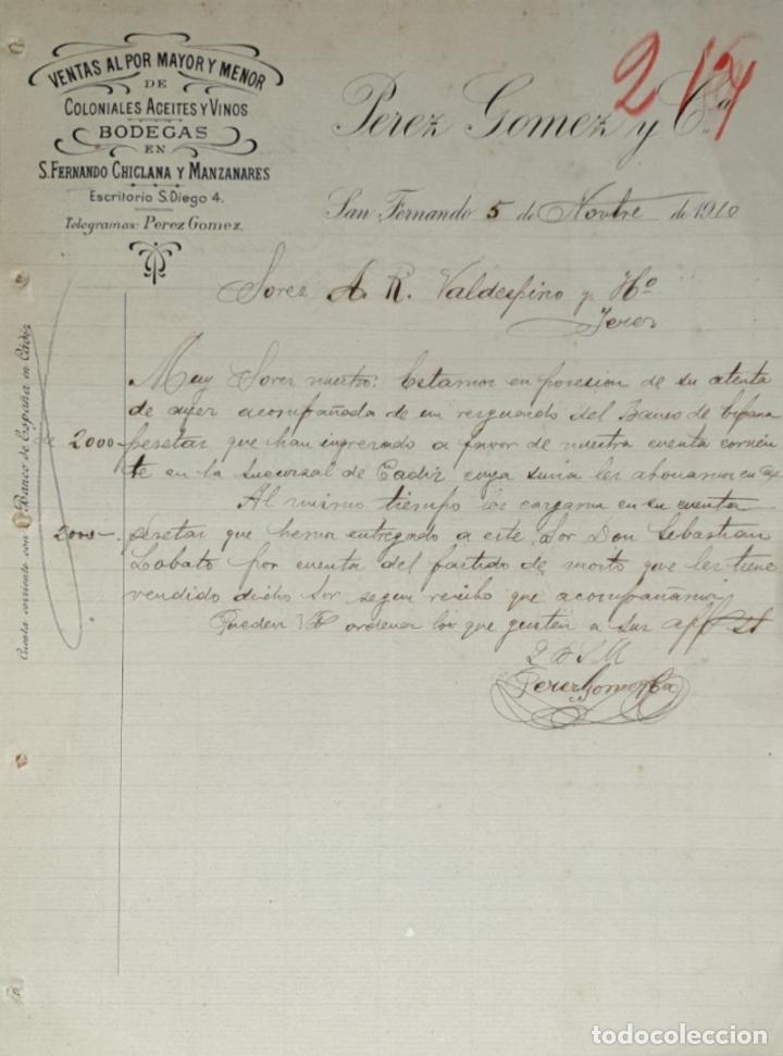 Gesch&auml;ftsbriefe: Carta comercial. Perez Gomez y C&ordf;. Ventas al por mayor y menor. Coloniales. San Fernando. C&aacute;diz 1910