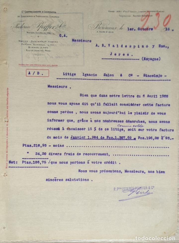 Gesch&auml;ftsbriefe: Carta comercial.Federico Pfeiffer & C&iacute;a.Compa&ntilde;&iacute;a Centralizadora & Cooperativa.Bordeaux.Francia 1910
