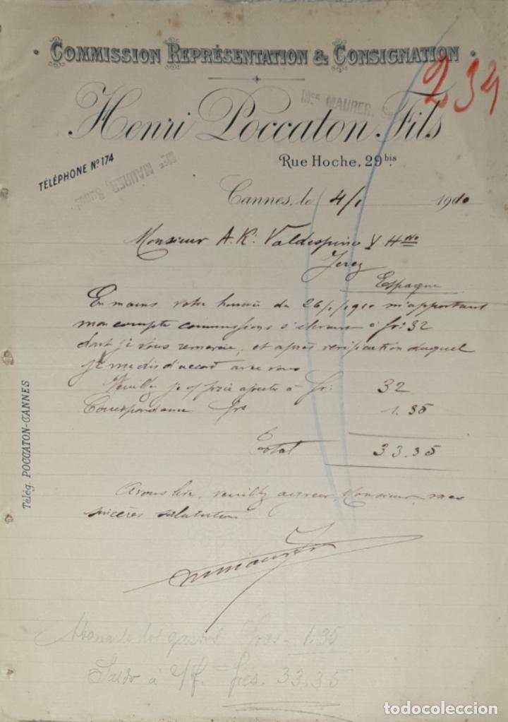 Gesch&auml;ftsbriefe: Carta comercial. Henri Poccaton Fils. Commission,Repr&eacute;sentation & Consignation. Cannes. Francia 1910