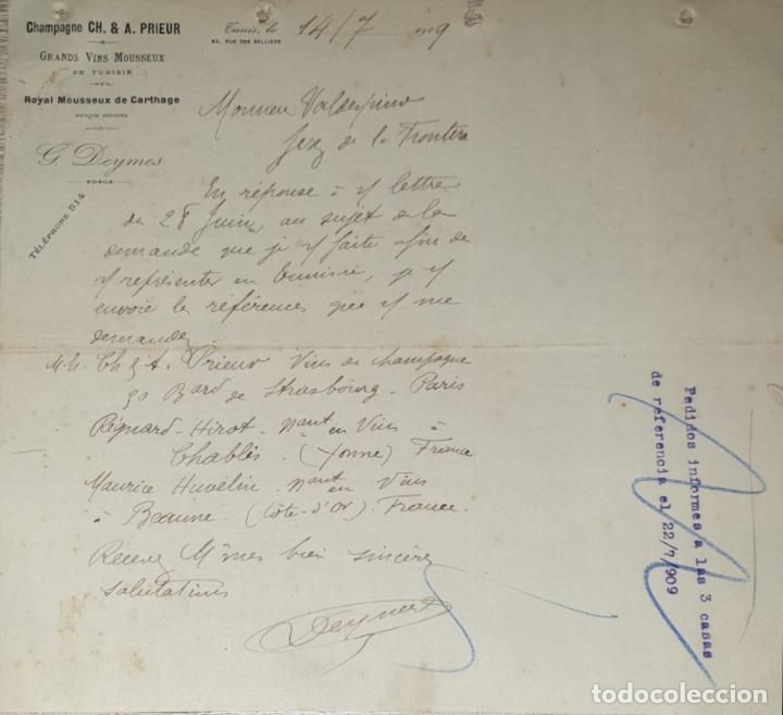 Cartas comerciais: Carta comercial.G.Deymes.Champagne Ch. & A.Prieur. Grands Vins Mousseux. Tunis.T&uacute;nez 1909