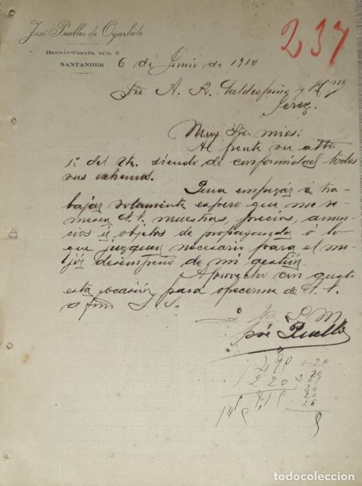 Cartas comerciais: Carta comercial. Jos&eacute; Puelles de Oyarbide. Santander. Espa&ntilde;a 1910
