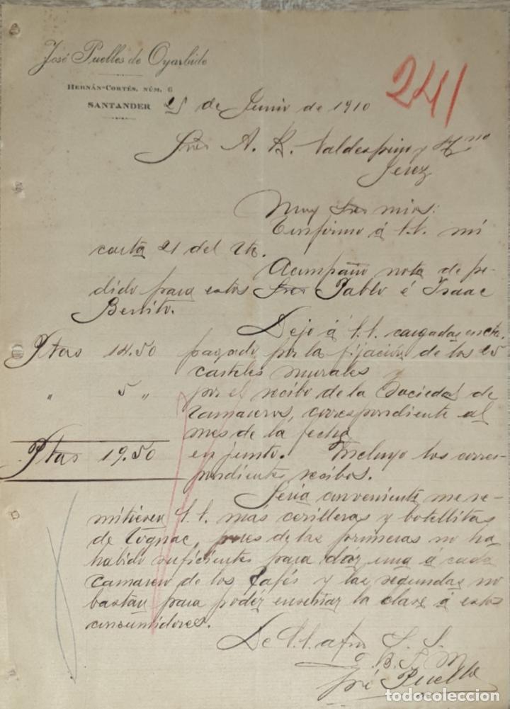Cartas comerciais: Carta comercial. Jos&eacute; Puelles de Oyarbide. Santander. Espa&ntilde;a 1910
