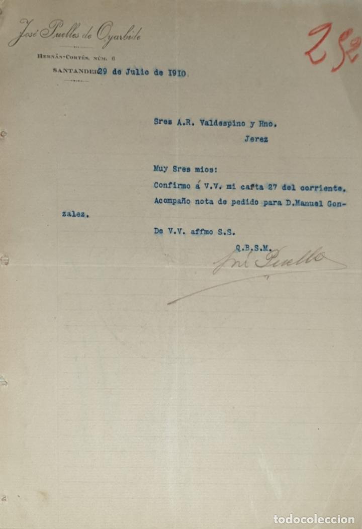 Cartas comerciais: Carta comercial. Jos&eacute; Puelles de Oyarbide. Santander. Espa&ntilde;a 1910