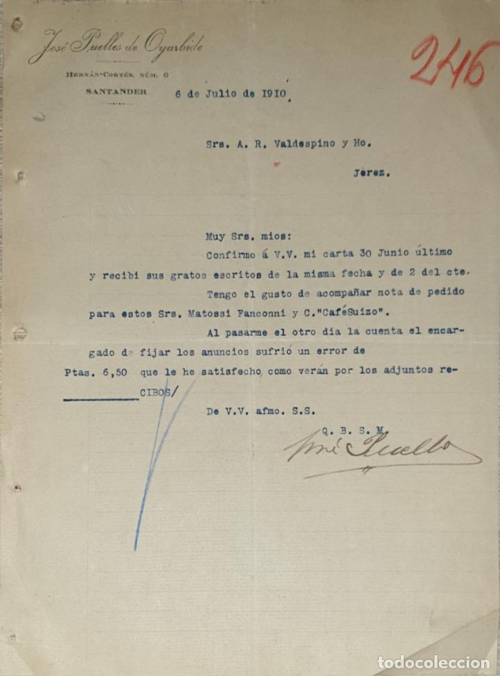 Cartas comerciais: Carta comercial. Jos&eacute; Puelles de Oyarbide. Santander. Espa&ntilde;a 1910
