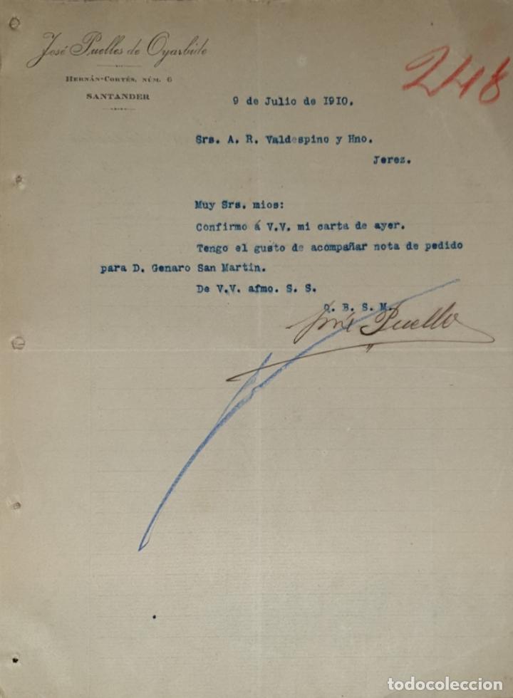 Cartas comerciais: Carta comercial. Jos&eacute; Puelles de Oyarbide. Santander. Espa&ntilde;a 1910