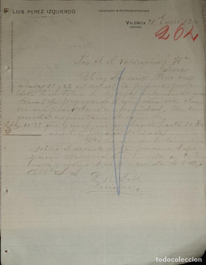 Cartas comerciais: Carta comercial. Luis Perez Izquierdo. Comision- Representaci&oacute;n. Valencia. Espa&ntilde;a 1910
