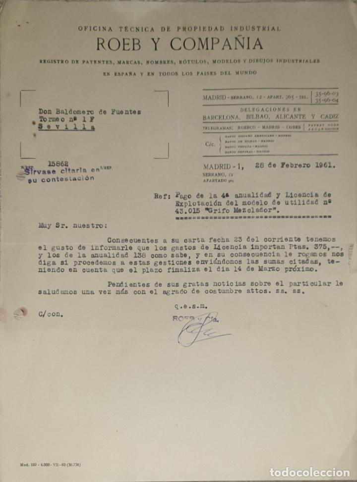 Cartas comerciais: Carta comercial. Roeb y Compa&ntilde;&iacute;a. Oficina T&eacute;cnica de propiedad Industrial. Madrid. Espa&ntilde;a 1961