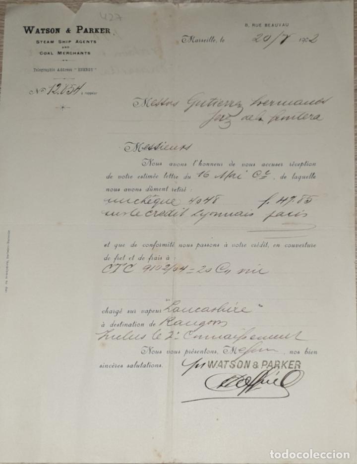 Cartas comerciais: Carta comercial. Watson & Parker. Steam Ship Agents and Coal Merchants. Marseille. Francia 1902