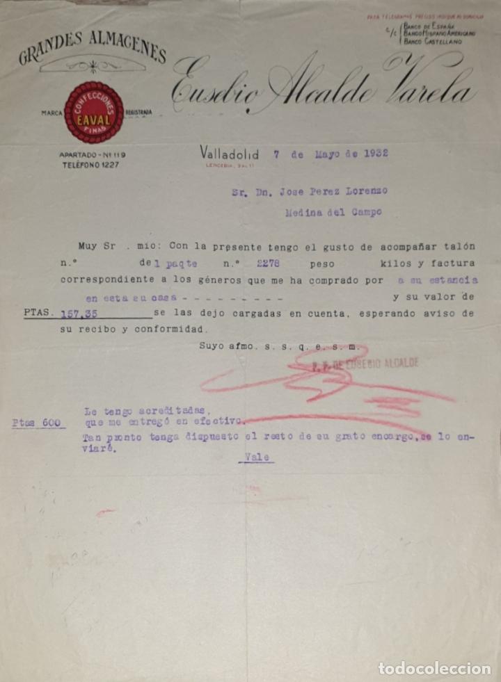 Cartas comerciais: Carta comercial. Eusebio Alcalde Varela. Grandes Almacenes. Valladolid 1932