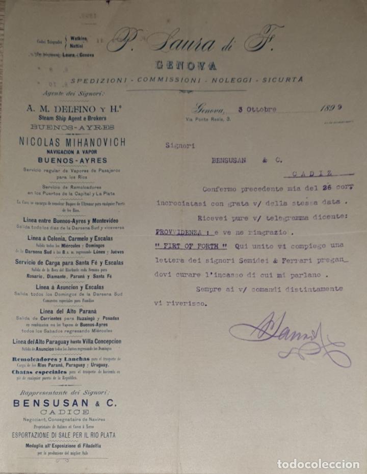 Cartas comerciais: Carta comercial. P. Laura di F. Commissioni-Spedizioni-Sicurta. Genova 1899
