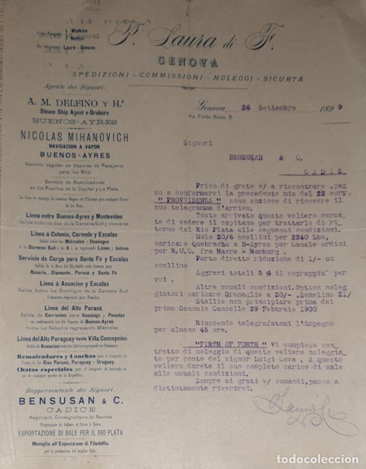 Cartas comerciais: Carta comercial. P. Laura di F. Commissioni-Spedizioni-Sicurta. Genova 1899