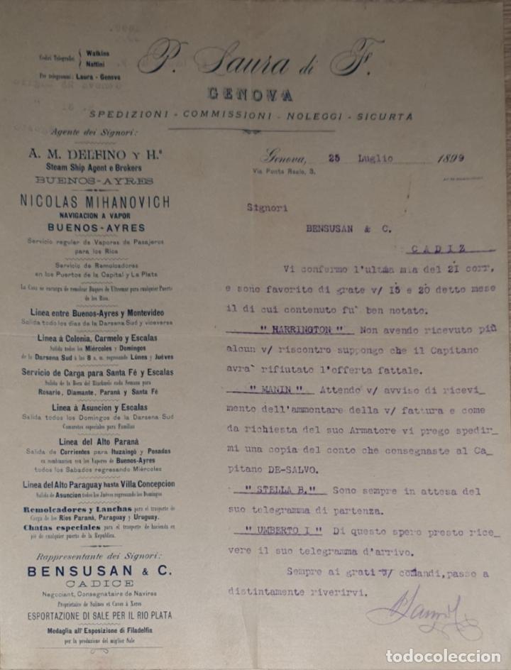Cartas comerciais: Carta comercial. P. Laura di F. Commissioni-Spedizioni-Sicurta. Genova 1899