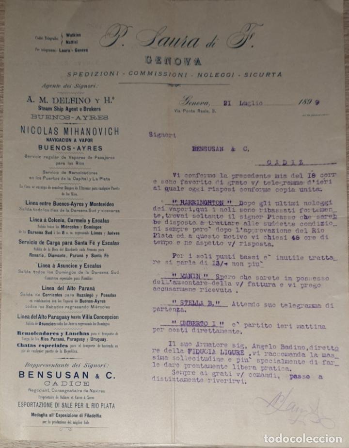 Cartas comerciais: Carta comercial. P. Laura di F. Commissioni-Spedizioni-Sicurta. Genova 1899