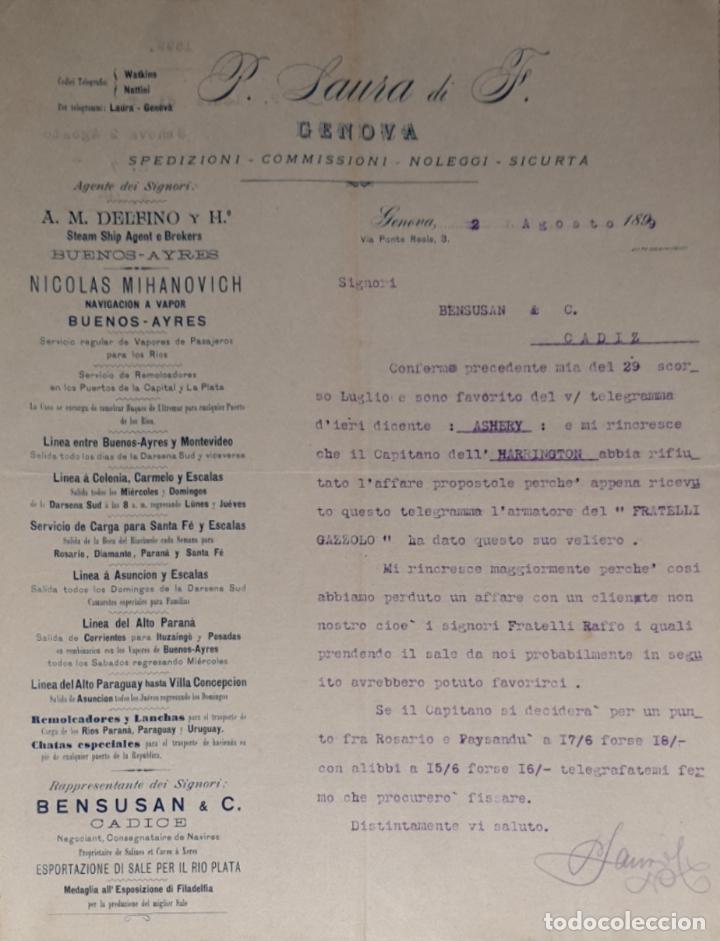 Cartas comerciais: Carta comercial. P. Laura di F. Commissioni-Spedizioni-Sicurta. Genova 1899