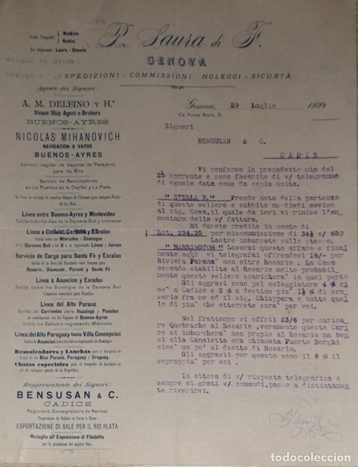Cartas comerciais: Carta comercial. P. Laura di F. Commissioni-Spedizioni-Sicurta. Genova 1899