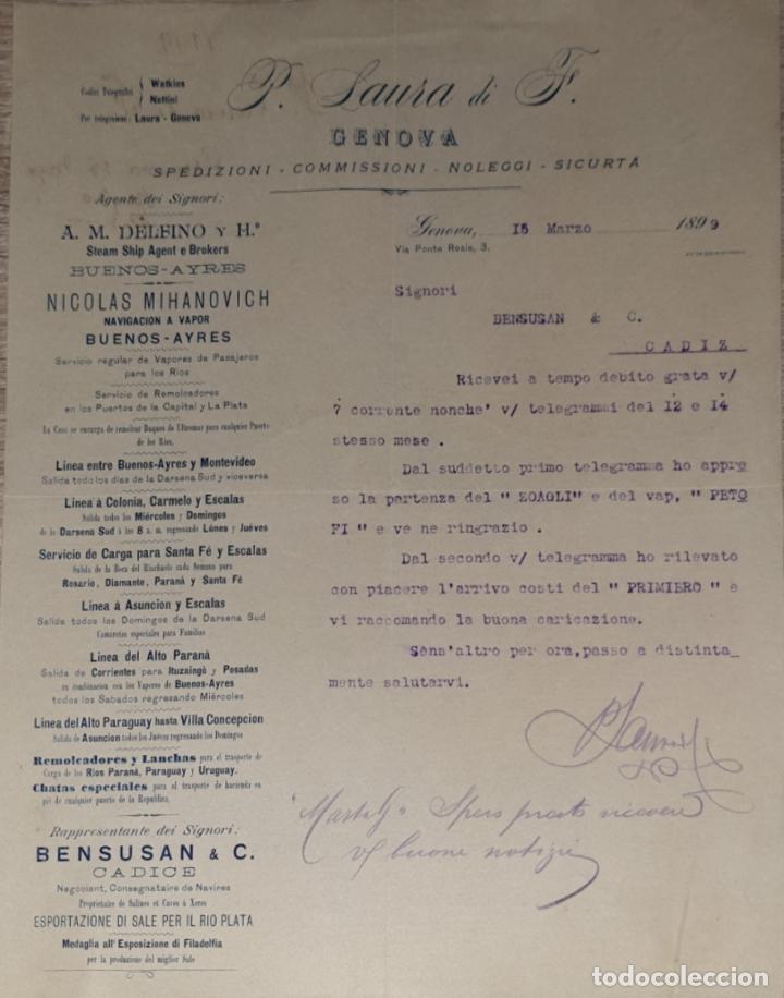 Cartas comerciais: Carta comercial. P. Laura di F. Commissioni-Spedizioni-Sicurta. Genova 1899