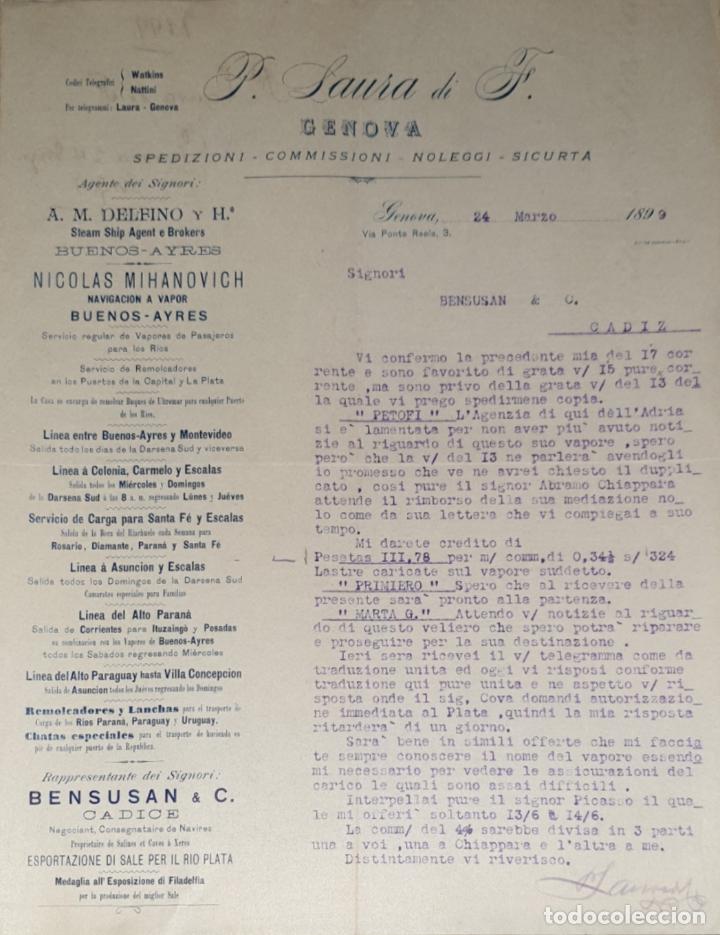 Cartas comerciais: Carta comercial. P. Laura di F. Commissioni-Spedizioni-Sicurta. Genova 1899
