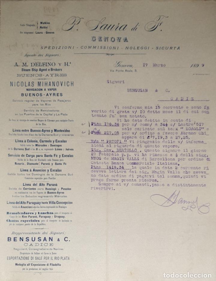 Cartas comerciais: Carta comercial. P. Laura di F. Commissioni-Spedizioni-Sicurta. Genova 1899
