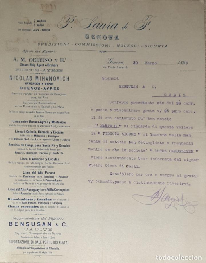 Cartas comerciais: Carta comercial. P. Laura di F. Commissioni-Spedizioni-Sicurta. Genova 1899