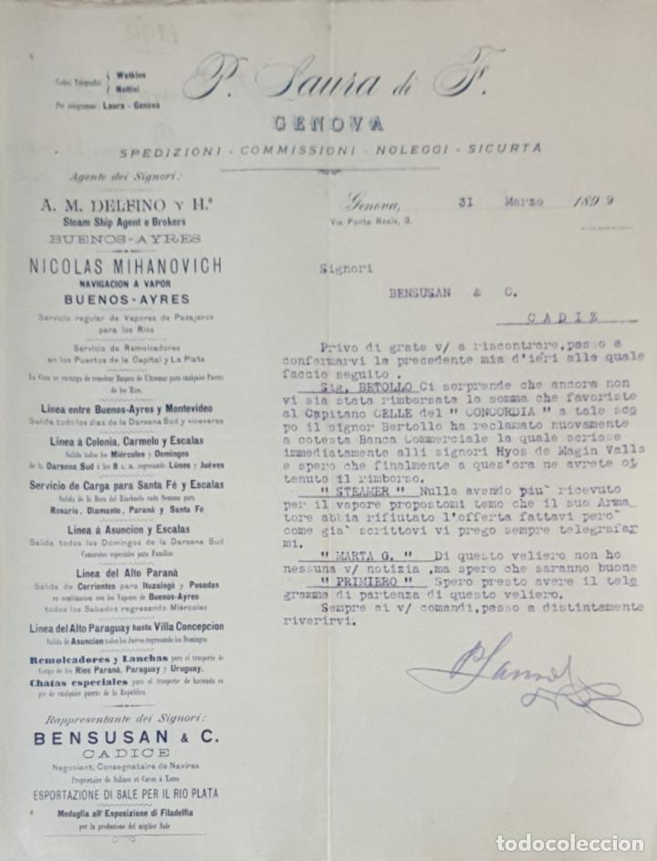 Cartas comerciais: Carta comercial. P. Laura di F. Commissioni-Spedizioni-Sicurta. Genova 1899