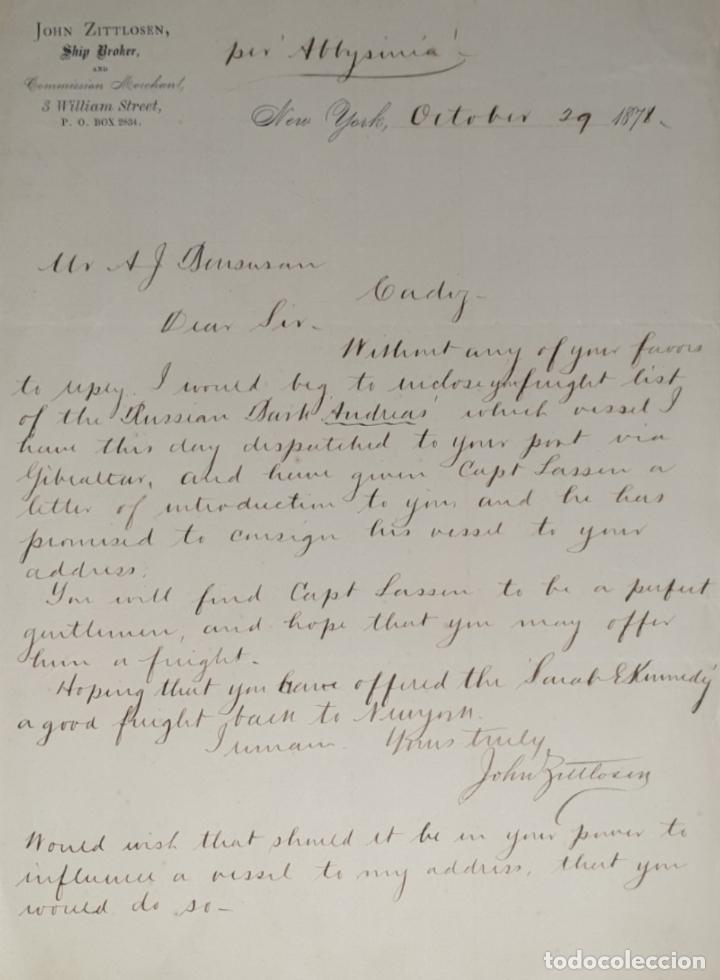 Cartas comerciais: Carta comercial. John Zittlosen. Ship Broker. New York 1878
