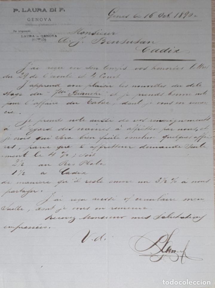 Cartas comerciais: Carta comercial. P. Laura di F. Commissioni-Spedizioni-Sicurta. Genova 1890