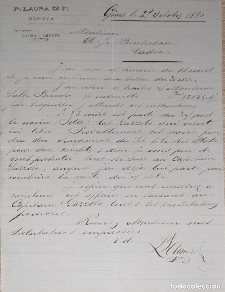 Cartas comerciais: Carta comercial. P. Laura di F. Commissioni-Spedizioni-Sicurta. Genova 1890