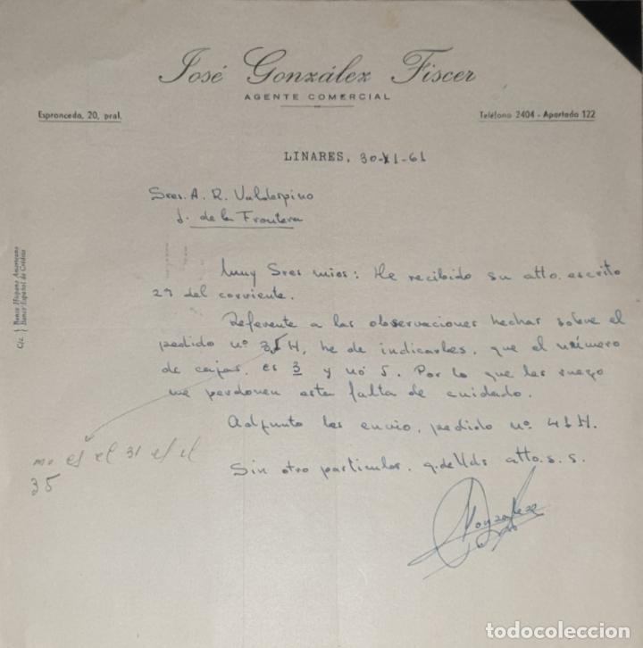 Cartas comerciais: Carta comercial. Jos&eacute; Gonz&aacute;lez Fiscer. Agente Comercial. Linares 1961