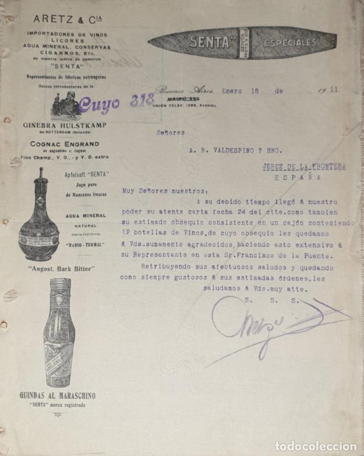 Gesch&auml;ftsbriefe: Carta comercial. Aretz & C&iacute;a. Importadores de vinos, licores, cigarros. Buenos Aires. Argentina 1911