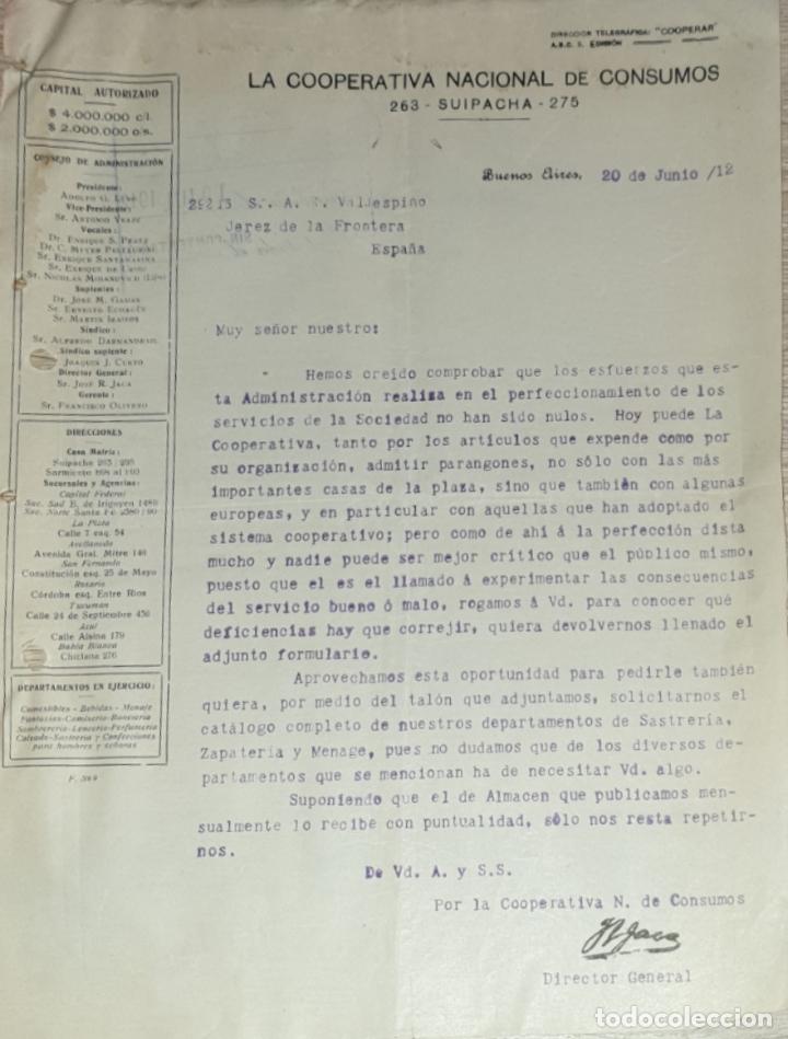 Gesch&auml;ftsbriefe: Carta comercial. La Cooperativa Nacional de Consumos. Buenos Aires. Argentina 1912