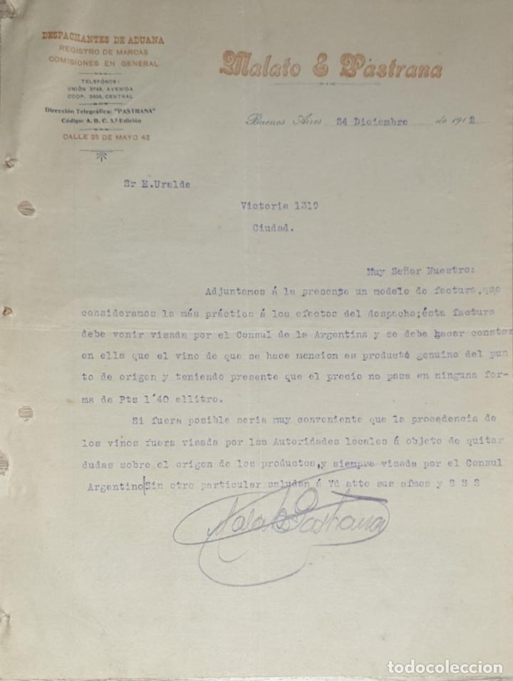 Gesch&auml;ftsbriefe: Carta comercial. Malato & Pastrana. Despachantes de Aduana. Buenos Aires. Argentina 1912