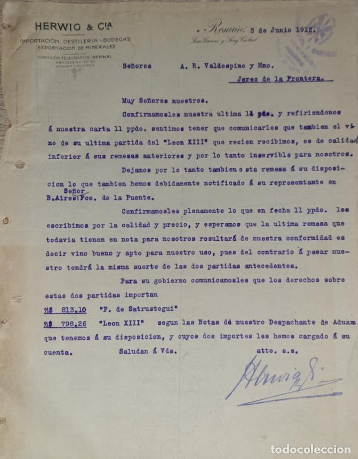 Gesch&auml;ftsbriefe: Carta comercial.Herwig & C&iacute;a.Importaci&oacute;n-Destiler&iacute;a-Bodegas.Importaci&oacute;n minerales.Rosario.Argentina
