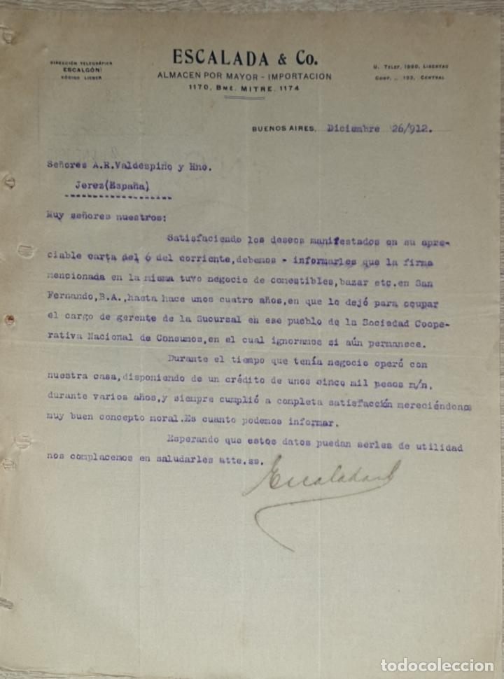 Gesch&auml;ftsbriefe: Carta comercial. Escalada & C&ordm;. Almac&eacute;n por mayor-Importaci&oacute;n. Buenos Aires. Argentina 1912