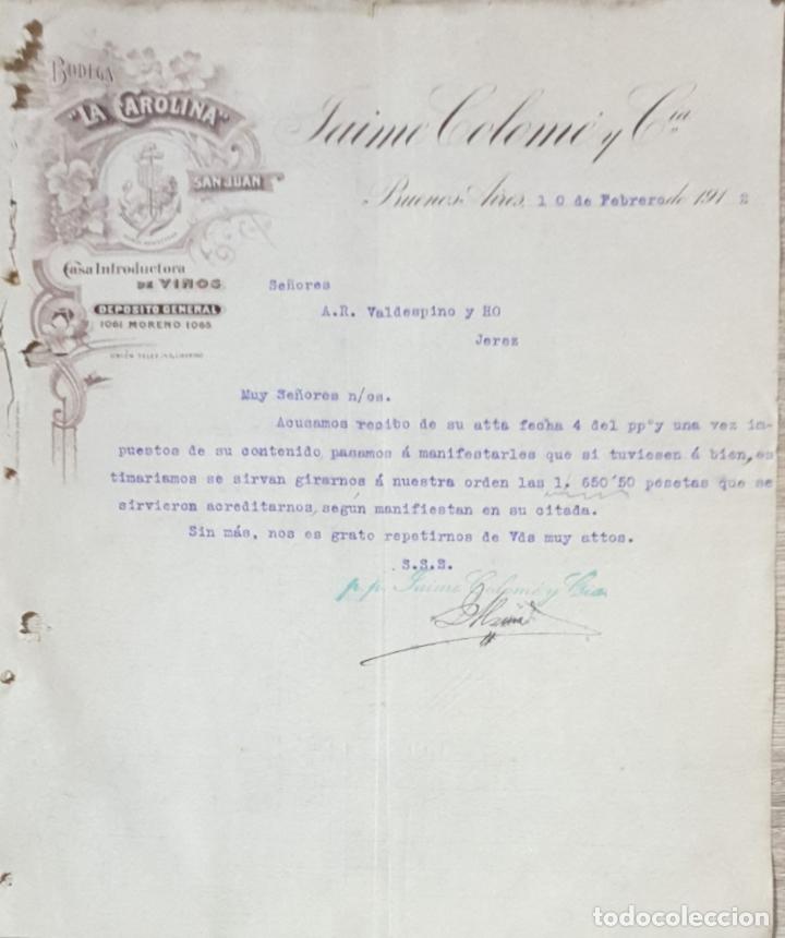 Gesch&auml;ftsbriefe: Carta comercial. Jaime Colom&eacute; y C&iacute;a. La Carolina. Casa Introductoras de vinos. Buenos Aires 1912
