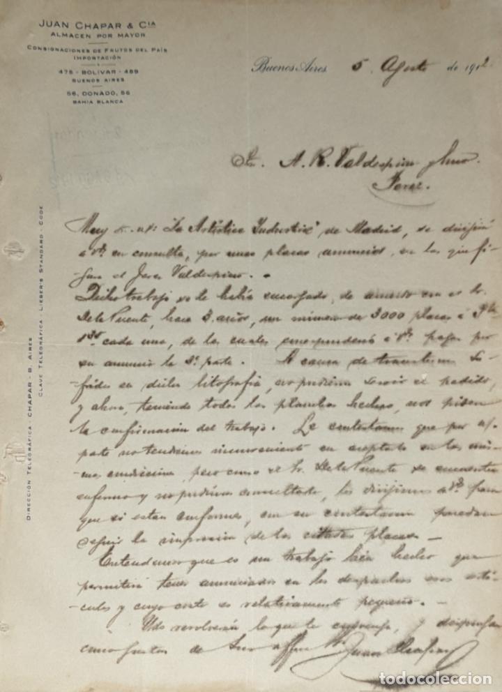 Gesch&auml;ftsbriefe: Carta comercial. Juan Chapar & C&iacute;a. Almac&eacute;n por Mayor. Buenos Aires. Argentina 1912