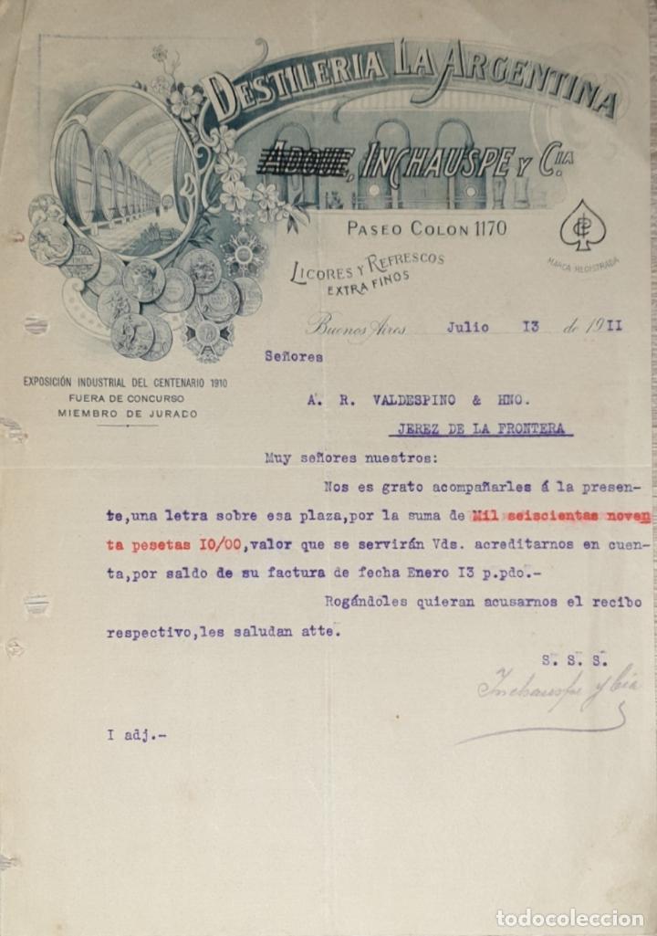 Cartas comerciales: Carta comercial. Inchauspe y C&iacute;a. Destiler&iacute;a La Argentina. Buenos Aires. Argentina 1911