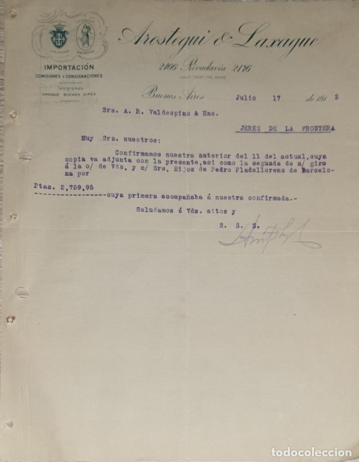 Gesch&auml;ftsbriefe: Carta comercial. Arostegui & Laxague. Importaci&oacute;n.Comisiones y Consignaciones. Buenos Aires 1912