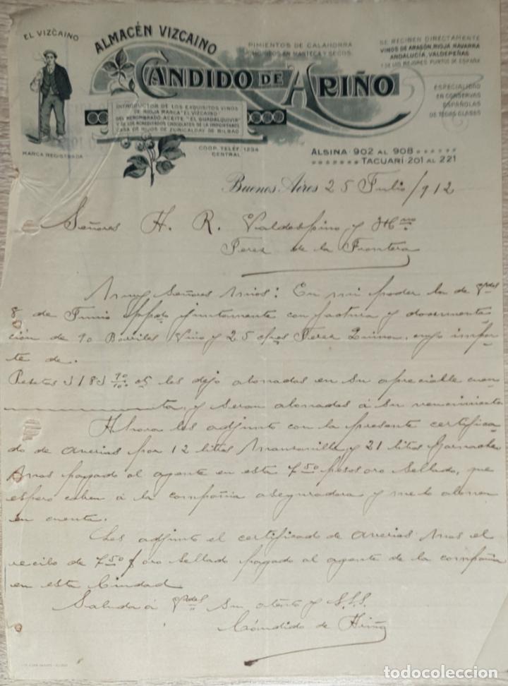 Gesch&auml;ftsbriefe: Carta comercial.Candido de Ari&ntilde;o. Almac&eacute;n Vizca&iacute;no. Buenos Aires. Argentina 1912