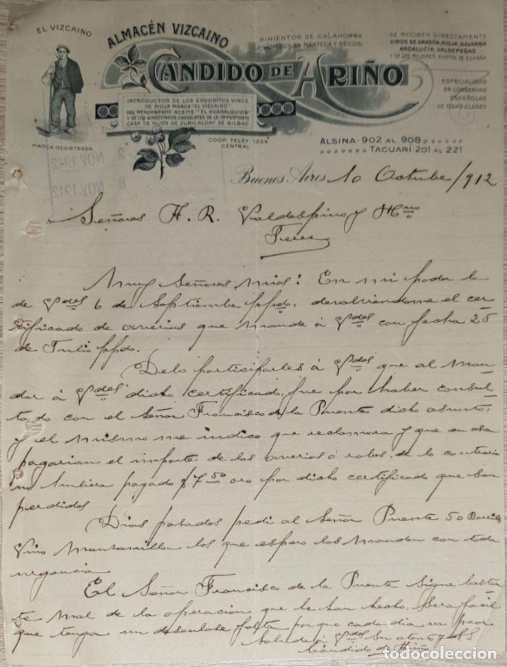 Cartas comerciais: Carta comercial.Candido de Ari&ntilde;o. Almac&eacute;n Vizca&iacute;no. Buenos Aires. Argentina 1912