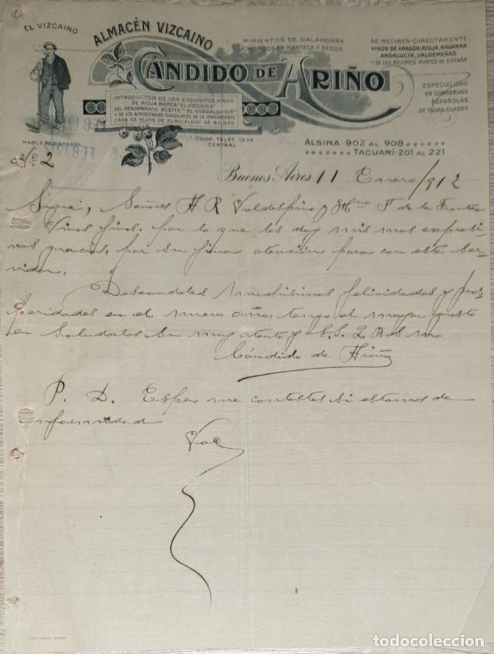 Cartas comerciais: Carta comercial.Candido de Ari&ntilde;o. Almac&eacute;n Vizca&iacute;no. Buenos Aires. Argentina 1912