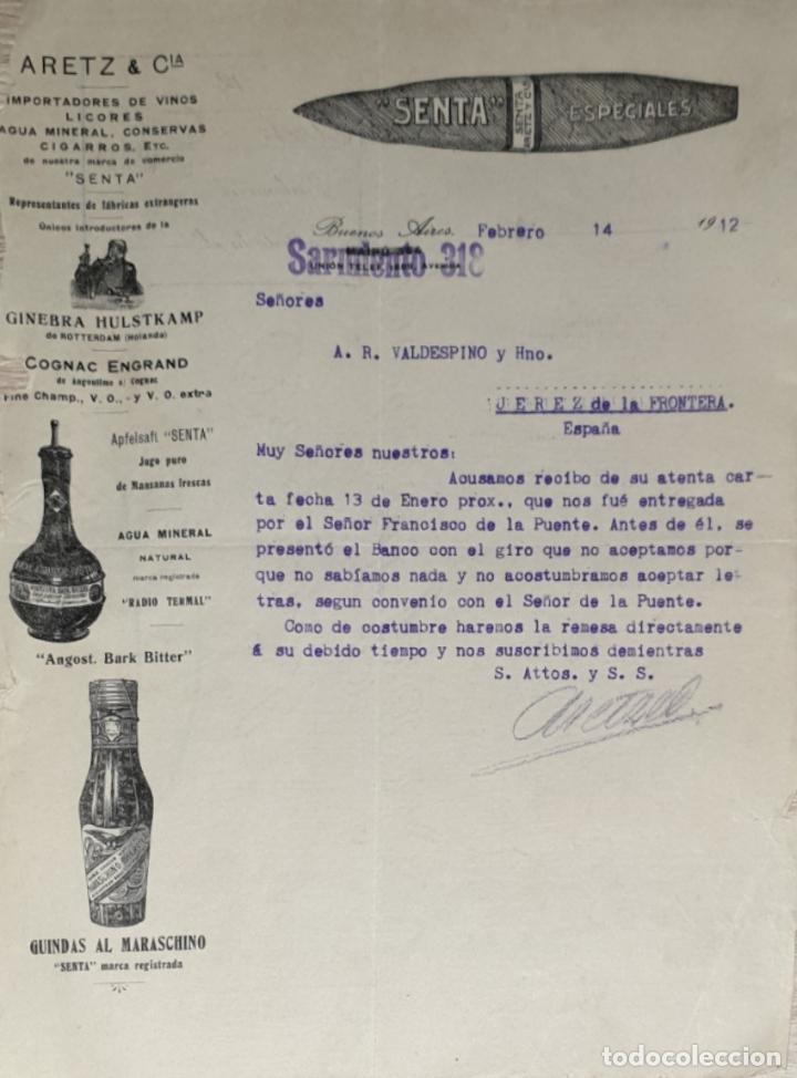 Cartas comerciais: Carta comercial. Aretz y C&iacute;a. Importadores de vinos. Licores. Buenos Aires. Argentina 1912