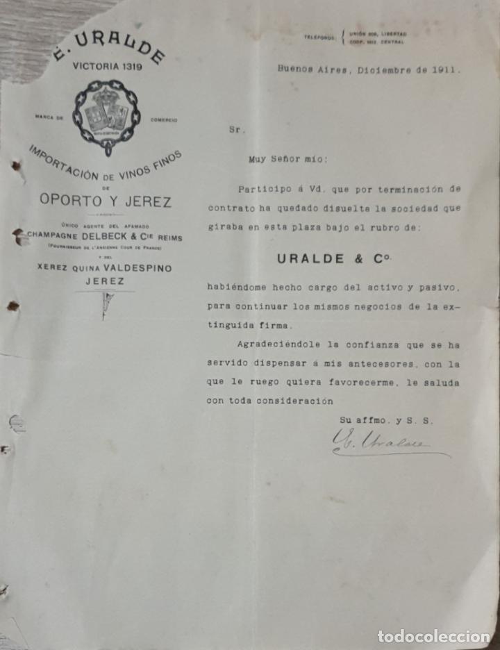 Cartas comerciais: Carta comercial. E. Uralde. Importaci&oacute;n de vinos finos. Buenos Aires. Argentina 1911