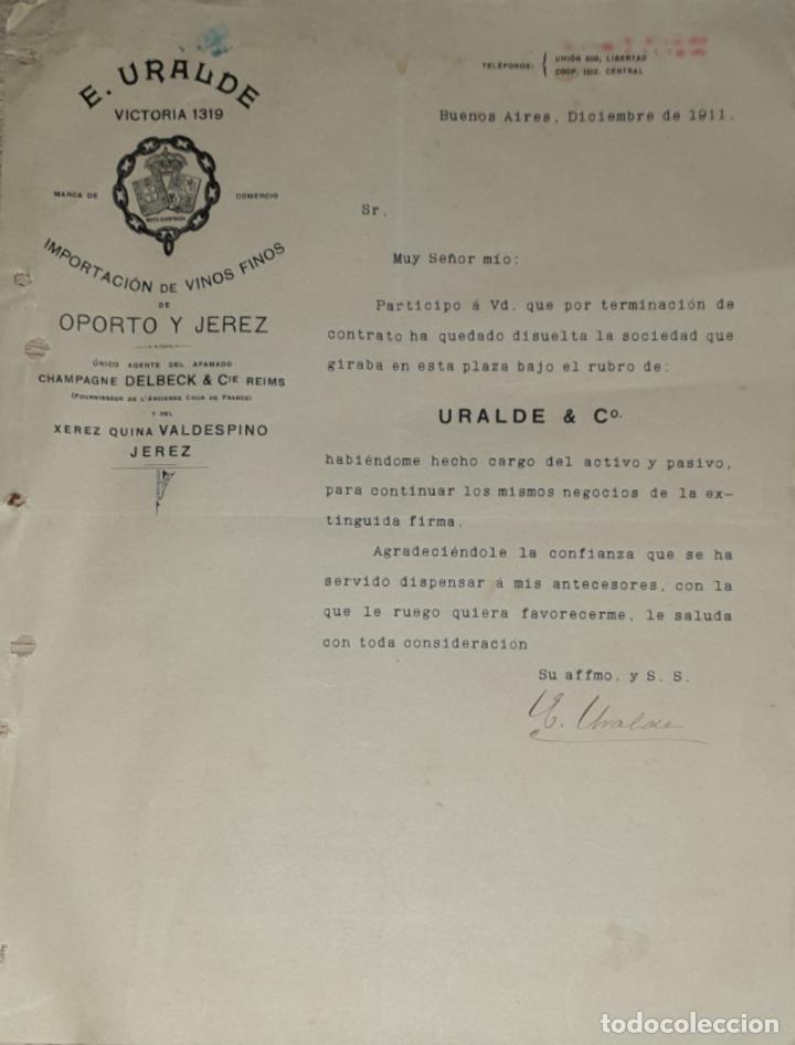 Cartas comerciais: Carta comercial. E. Uralde. Importaci&oacute;n de vinos finos. Buenos Aires. Argentina 1911