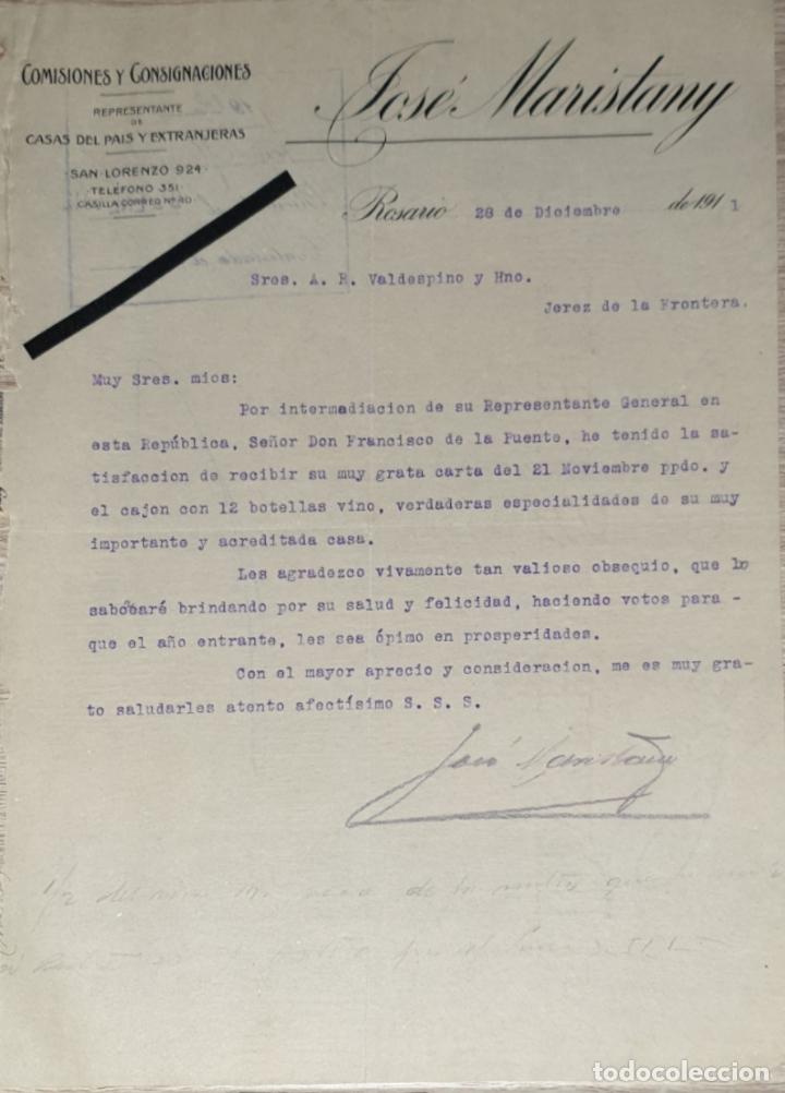 Cartas comerciais: Carta comercial. Jos&eacute; Maristany. Comisiones y Consignaciones. Rosario. Argentina 1911