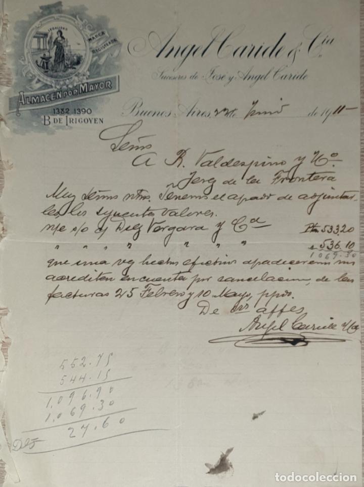 Cartas comerciais: Carta comercial. Angel Caride & C&iacute;a. Almac&eacute;n por Mayor. Buenos Aires. Argentina 1911